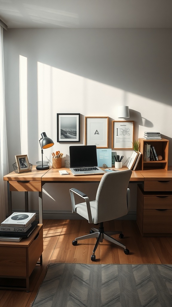 Stylish desk corner setup in a well-lit bedroom with a wooden desk, modern chair, and decorative items.