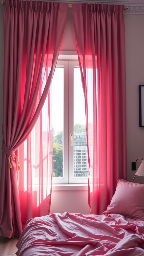 Stylish pink curtains draped by a window in a cozy bedroom setting.