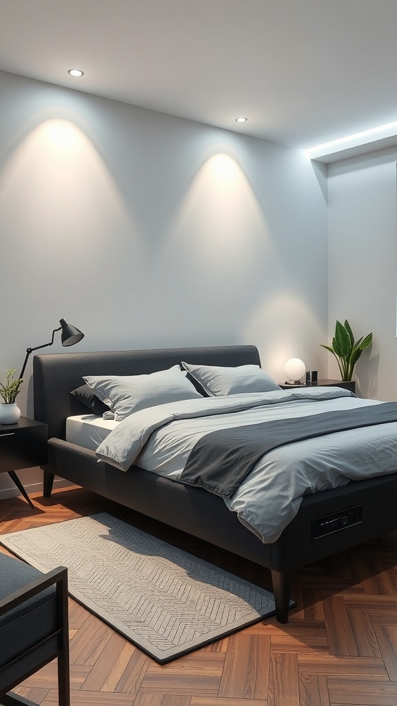 Modern bedroom featuring a black bedframe with stylish tech integration and elegant lighting.