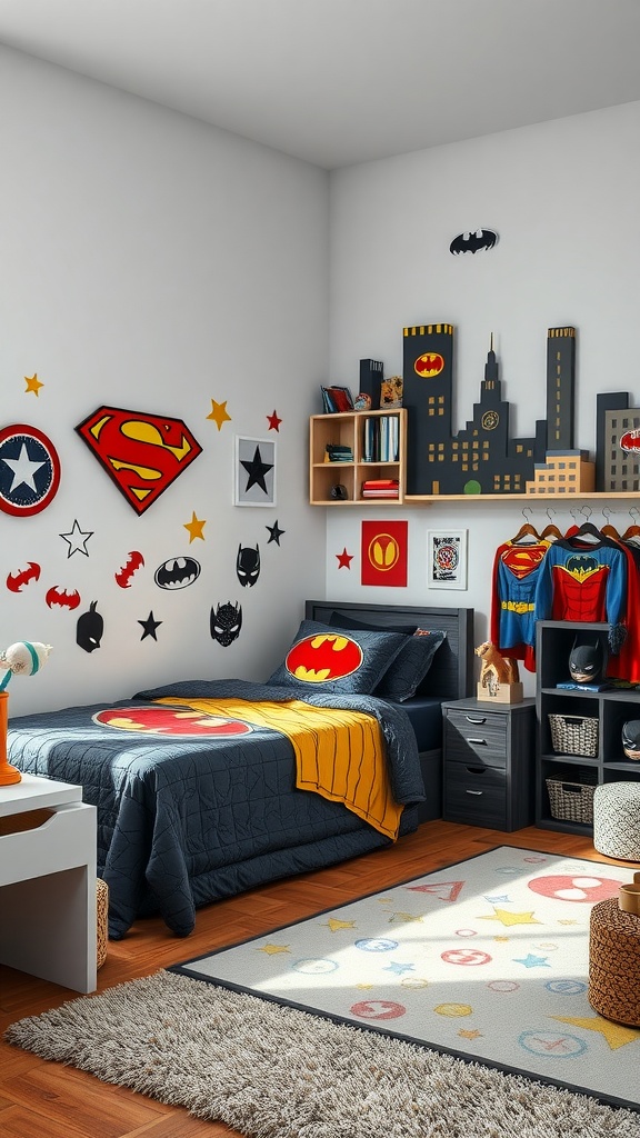 A toddler boy's bedroom decorated with superhero themes, featuring a Batman bedspread, colorful decals, and a selection of capes and masks.