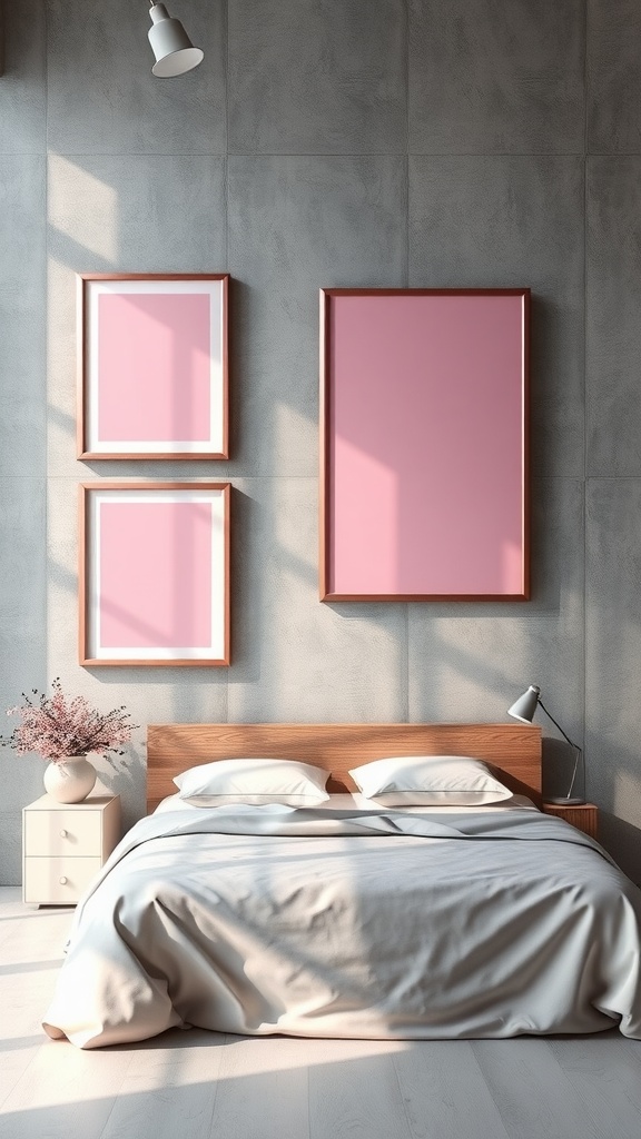 Room with textured grey walls and a pink framed artwork