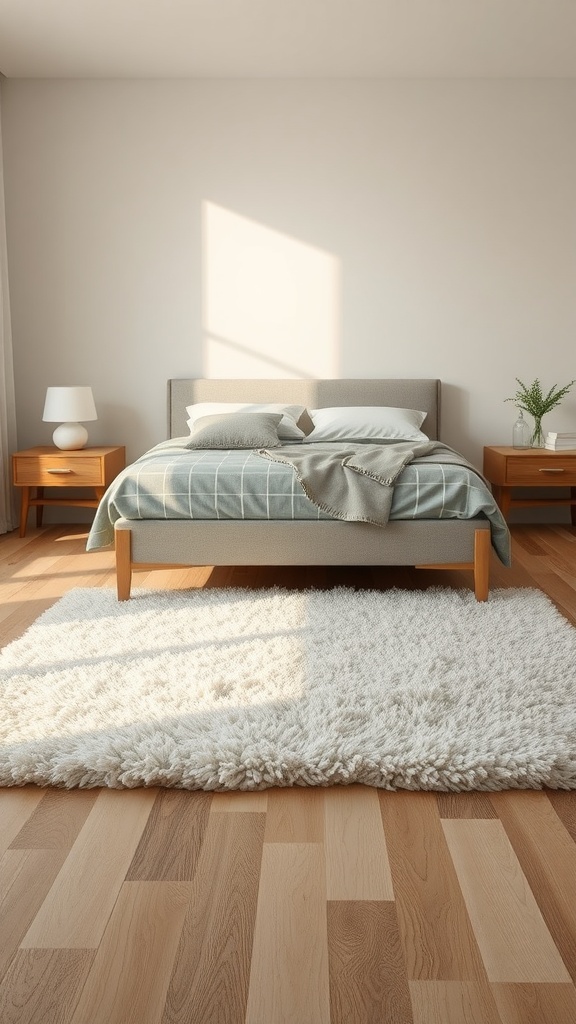 A cozy bedroom featuring a plush textured rug, wooden flooring, and a neatly made bed.