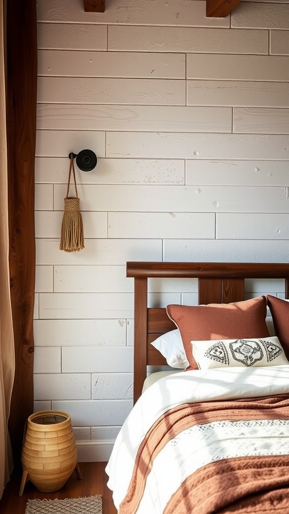 A cozy boho bedroom with textured wooden walls, a bed with warm blankets, and tasteful decor