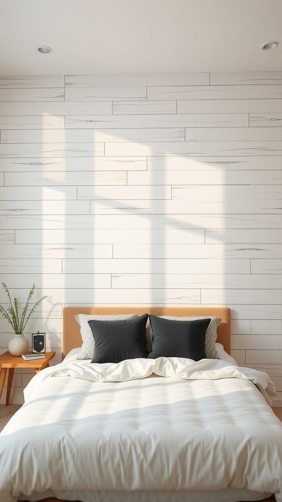 A cozy bedroom with a textured white wooden wall, neatly made bed, and a side table with a plant.