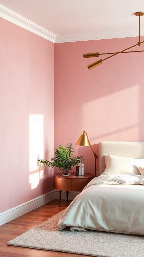 A cozy pink bedroom featuring textured walls, a stylish bedside table, and soft bedding.