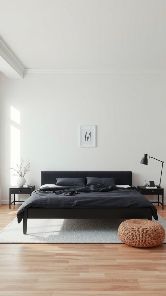 A cozy bedroom featuring a black bedframe, minimal decor, and natural light