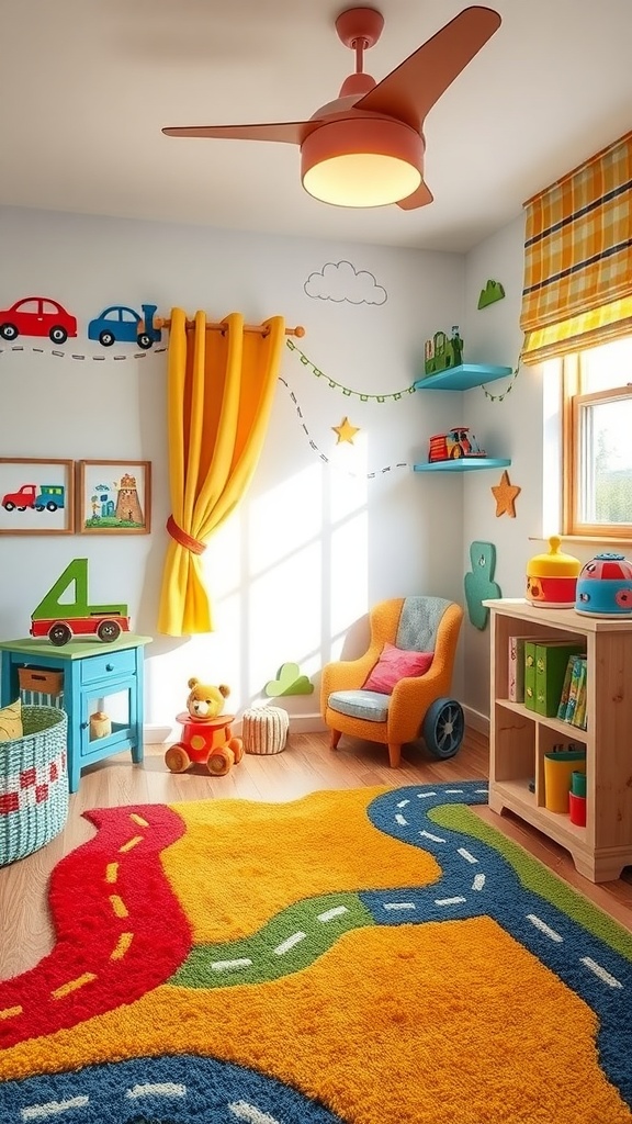 A colorful toddler boy bedroom featuring transportation-themed decor with toy cars and trains.