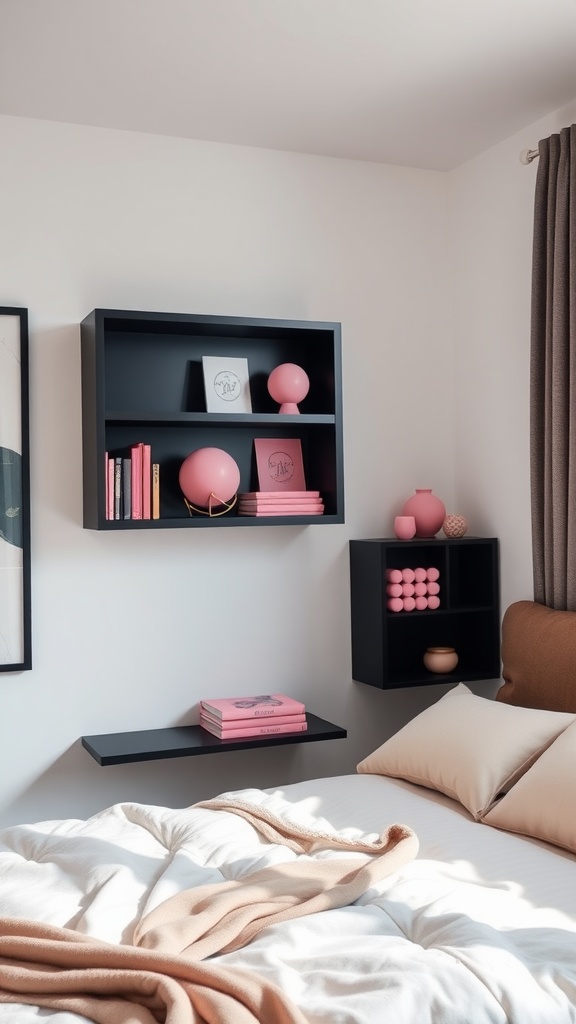 Image of a modern bedroom featuring trendy black floating shelves with pink decor.