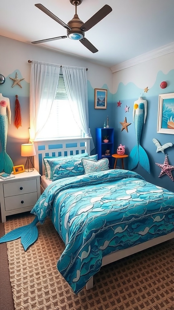 A toddler bedroom decorated in an under-the-sea theme with mermaid tails, vibrant colors, and ocean-themed decor.