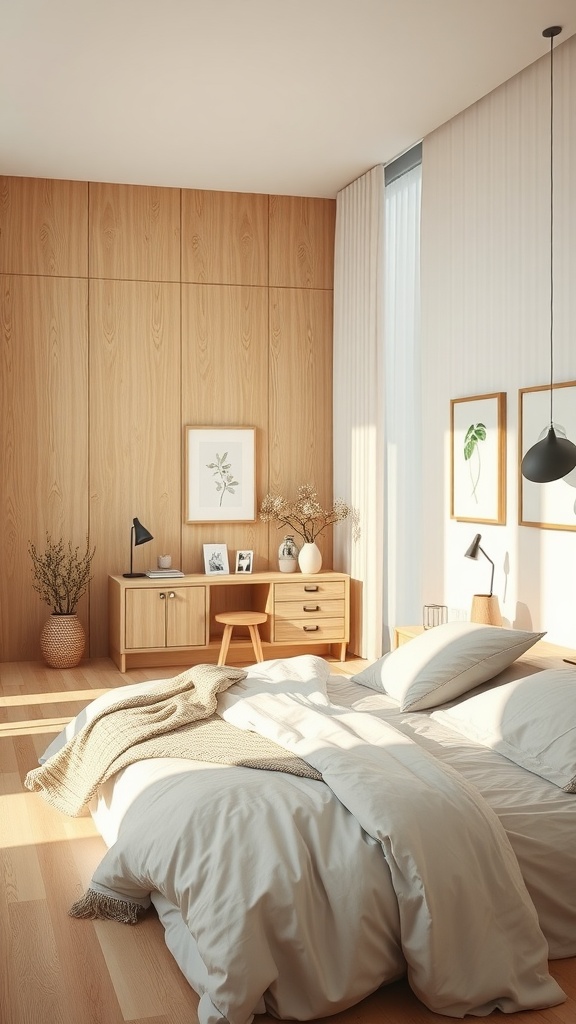 A serene Scandinavian-style bedroom with light wood paneling, soft bedding, and natural decor elements.