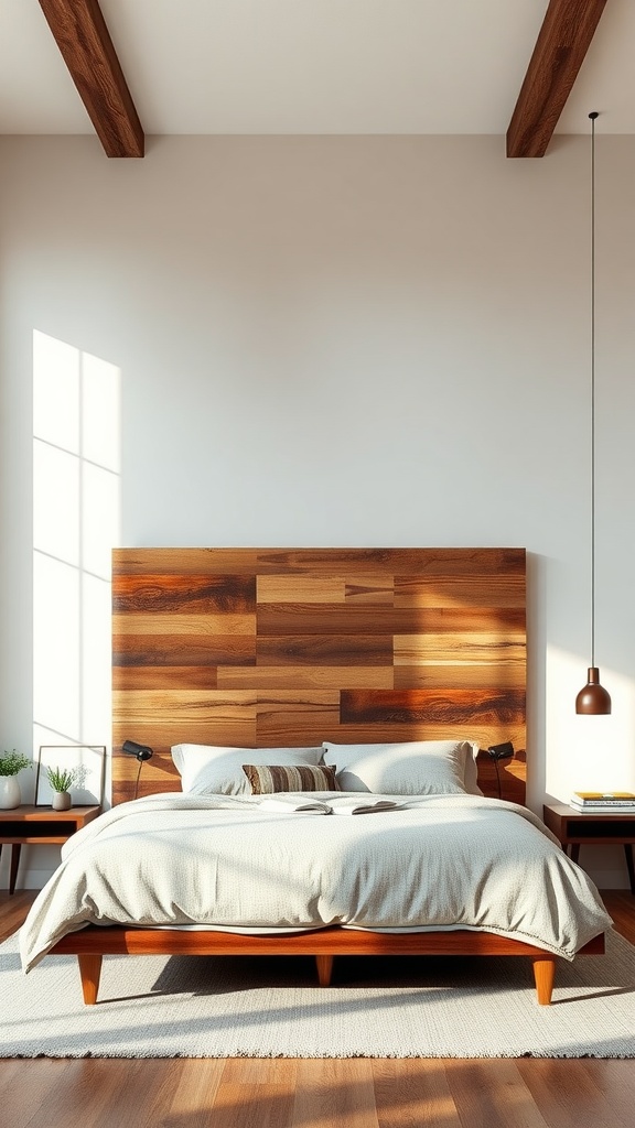 A stylish bedroom featuring a wooden headboard with a layered design and modern furnishings.