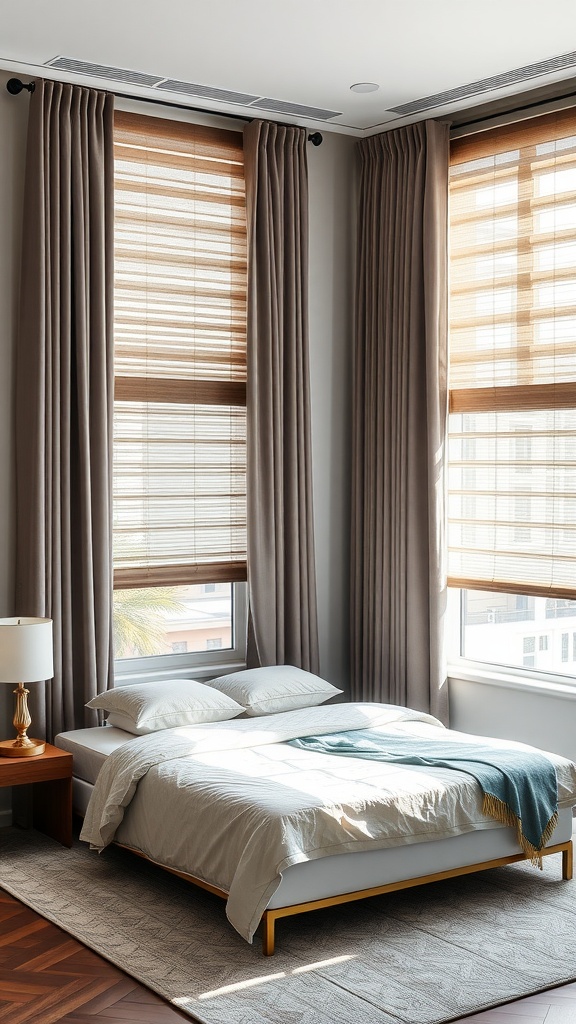 A modern bedroom with updated window treatments featuring blinds and curtains.