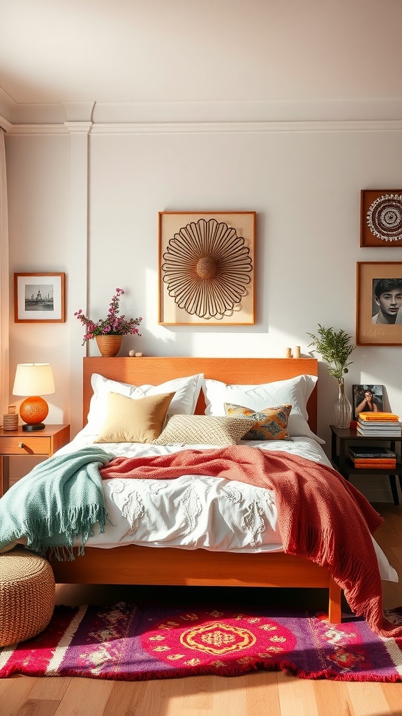 Brightly decorated bedroom with colorful accessories