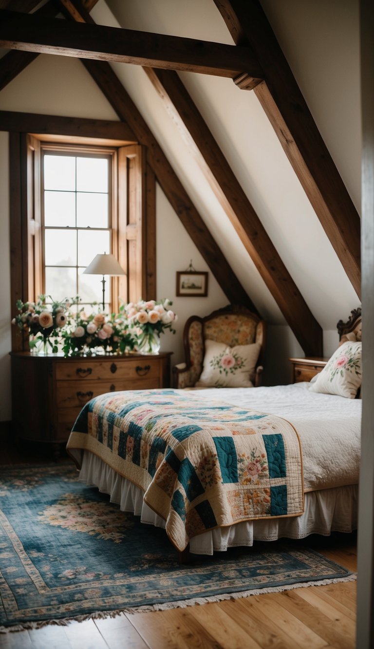 A cozy bedroom with wooden beams, antique furniture, and floral decor. A vintage quilt adorns the bed, while a worn rug lies on the hardwood floor