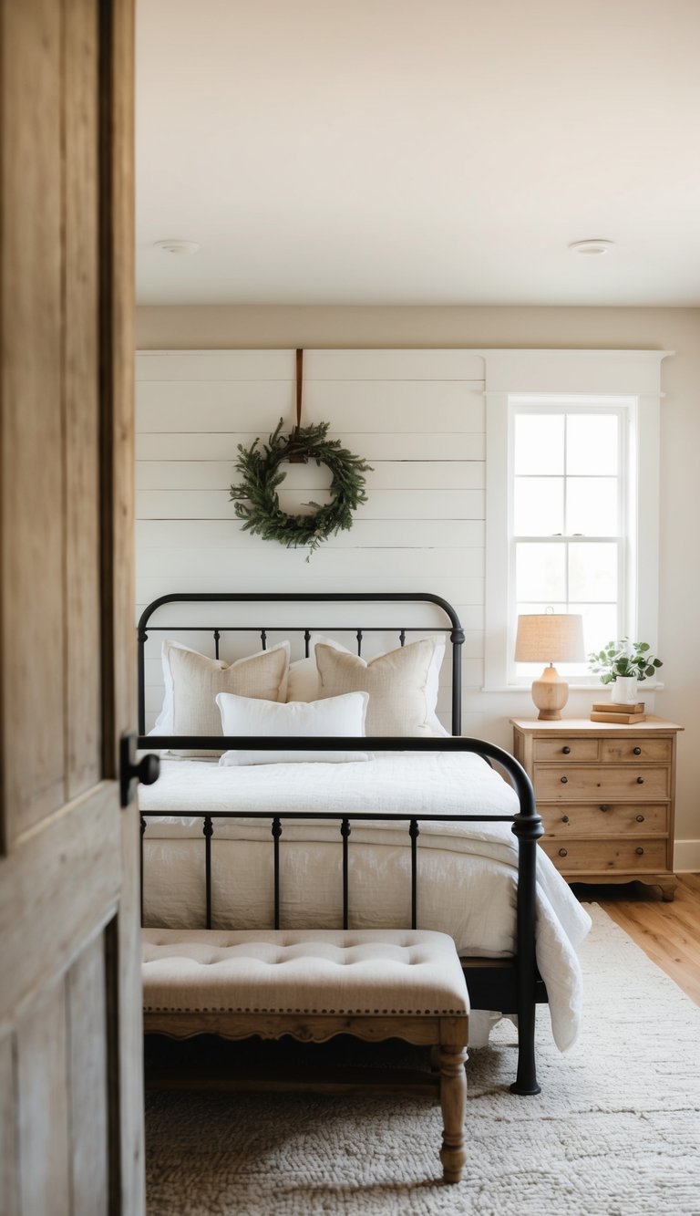 The cozy bedroom features weathered shiplap walls, a vintage iron bed frame, and rustic wooden furniture. A soft, neutral color palette and warm lighting create a welcoming farmhouse ambiance