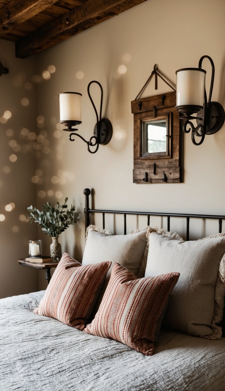 Rustic bedroom with iron wall sconces, vintage decor, and farmhouse ambiance