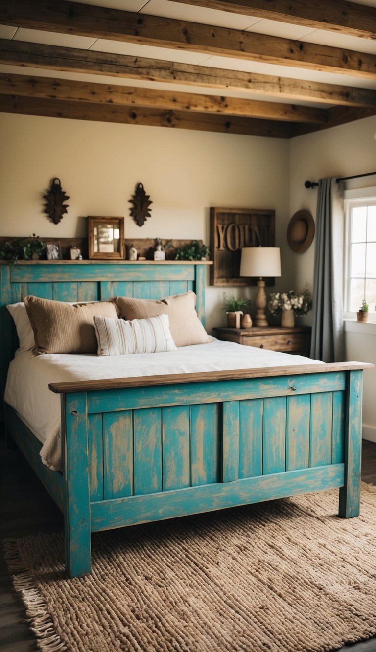 A weathered wooden bed frame sits in a cozy farmhouse bedroom, surrounded by rustic decor and vintage accents