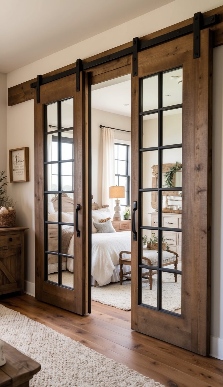 A cozy farmhouse bedroom with barn-style sliding doors, vintage decor, and rustic furniture