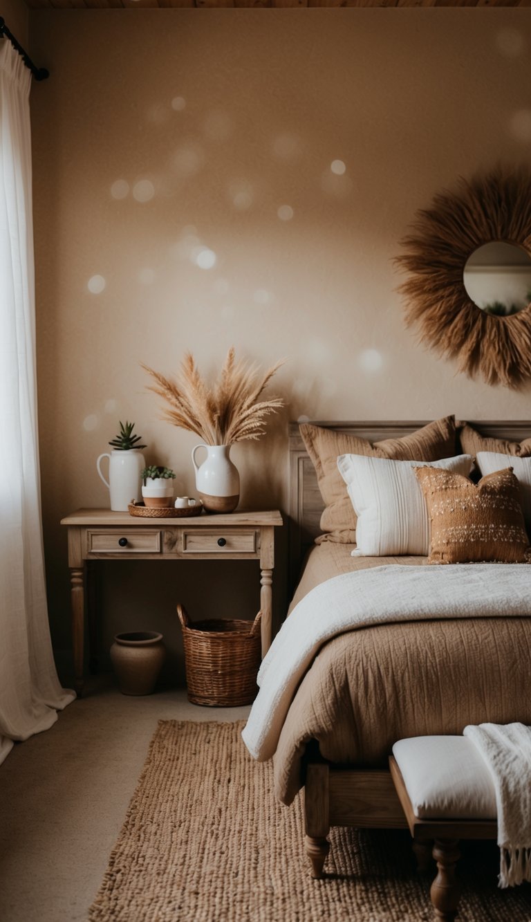 A cozy bedroom with earthy decor, vintage furniture, and rustic accents. Warm tones and natural textures create a serene farmhouse atmosphere