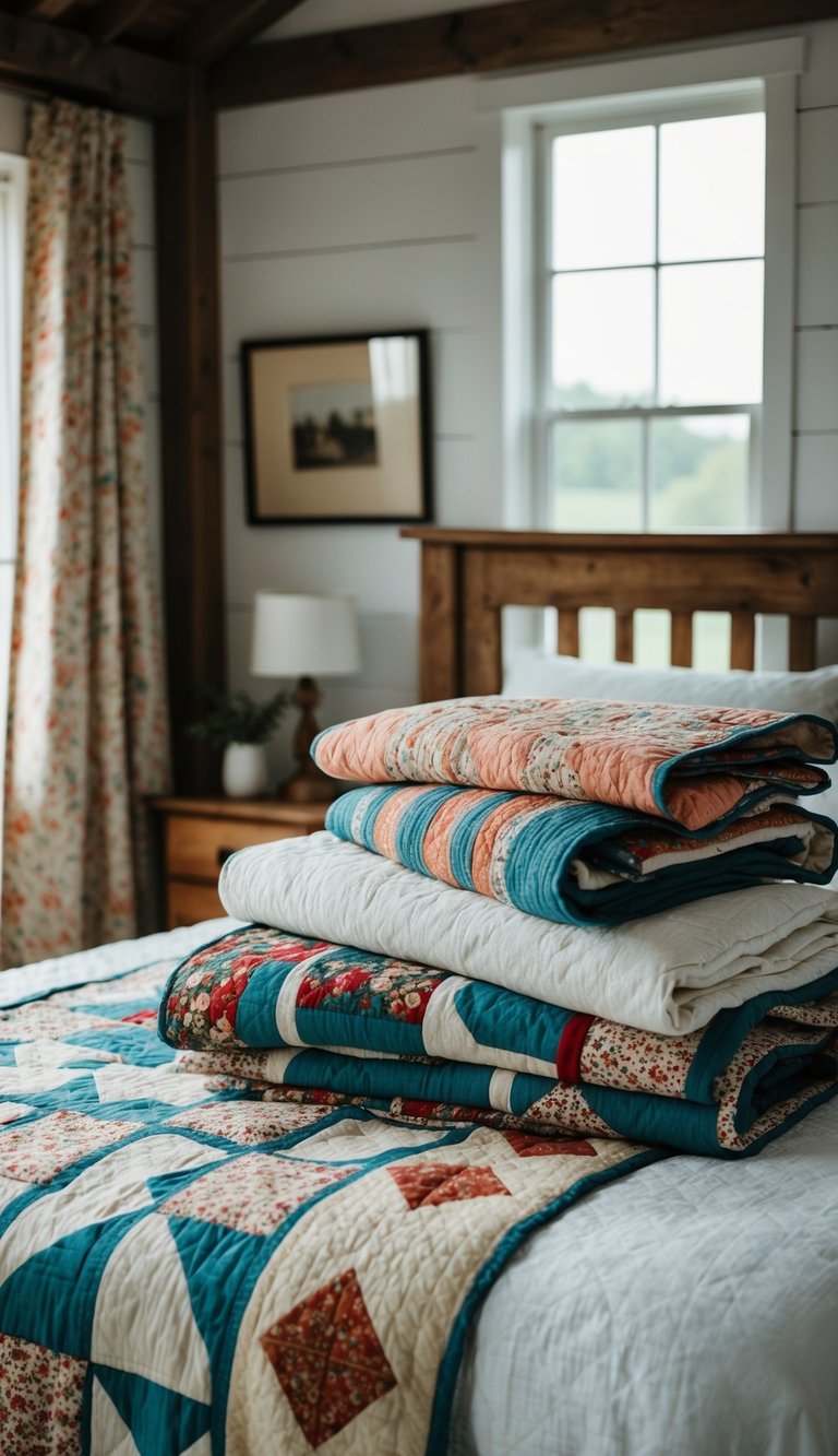 Vintage quilts layered on a rustic bed in a farmhouse bedroom