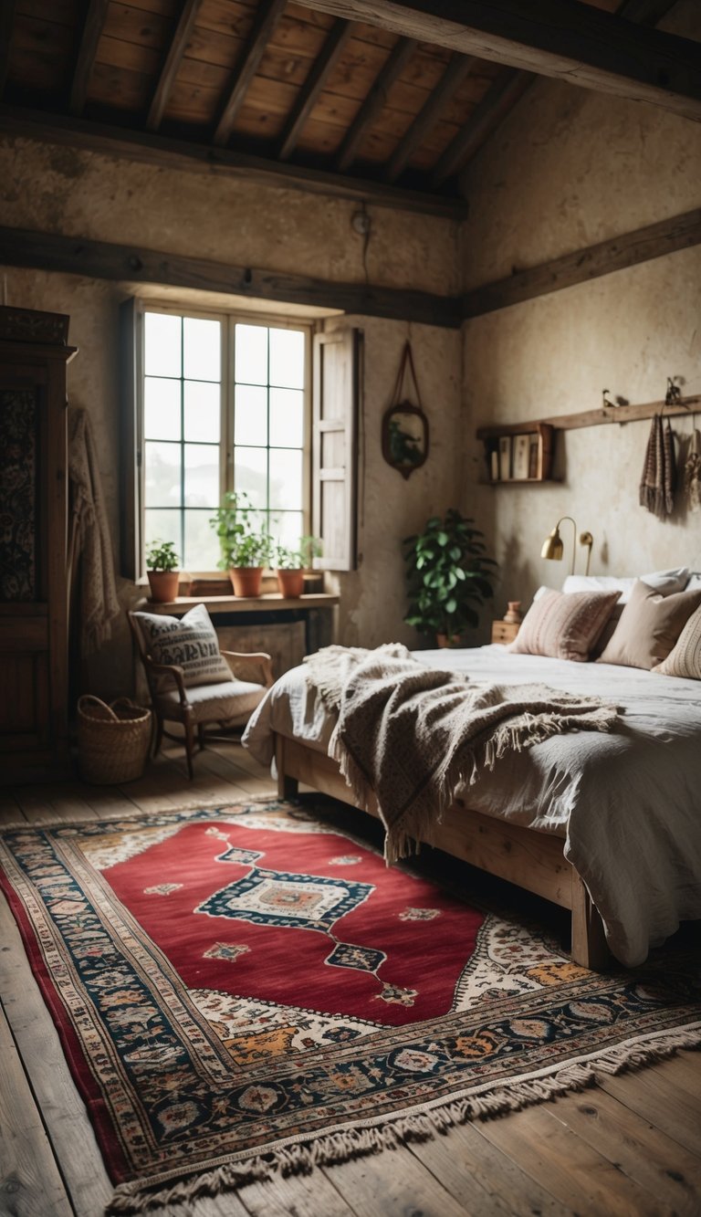 A tattered Persian rug lies in a cozy, weathered farmhouse bedroom with vintage decor and rustic accents