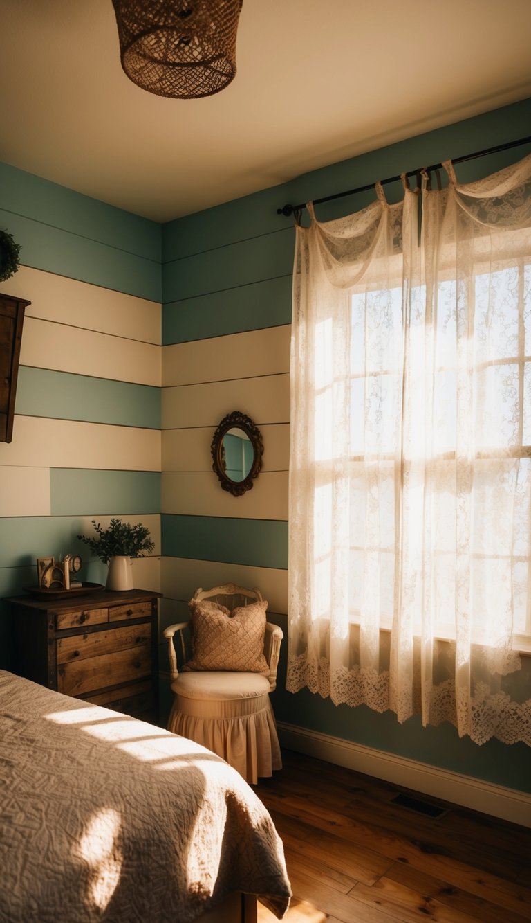 A cozy bedroom with painted shiplap walls, vintage decor, and rustic furniture. Sunlight streams through a lace curtain, casting a warm glow over the room