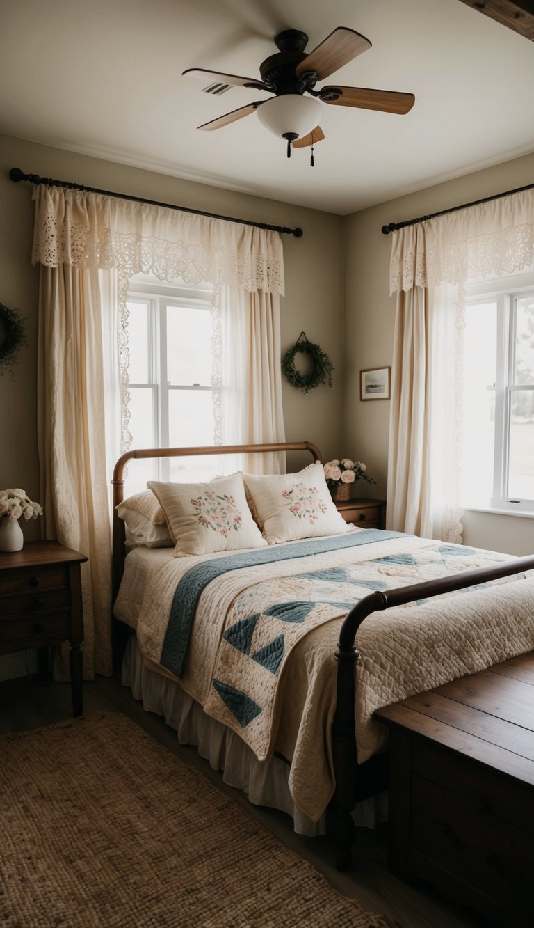 A cozy bedroom with vintage textiles, including quilts, lace curtains, and embroidered pillows. The room has a rustic farmhouse feel with wooden furniture and soft, muted colors