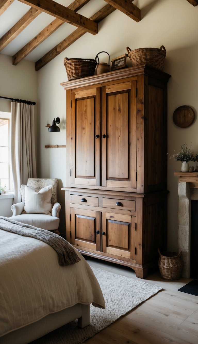 A large wooden cupboard stands in a cozy farmhouse bedroom, surrounded by rustic decor and vintage accents