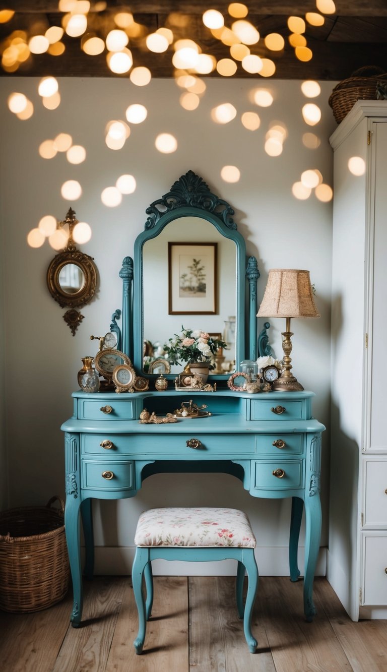 An antique vanity table adorned with vintage trinkets and rustic decor in a farmhouse bedroom