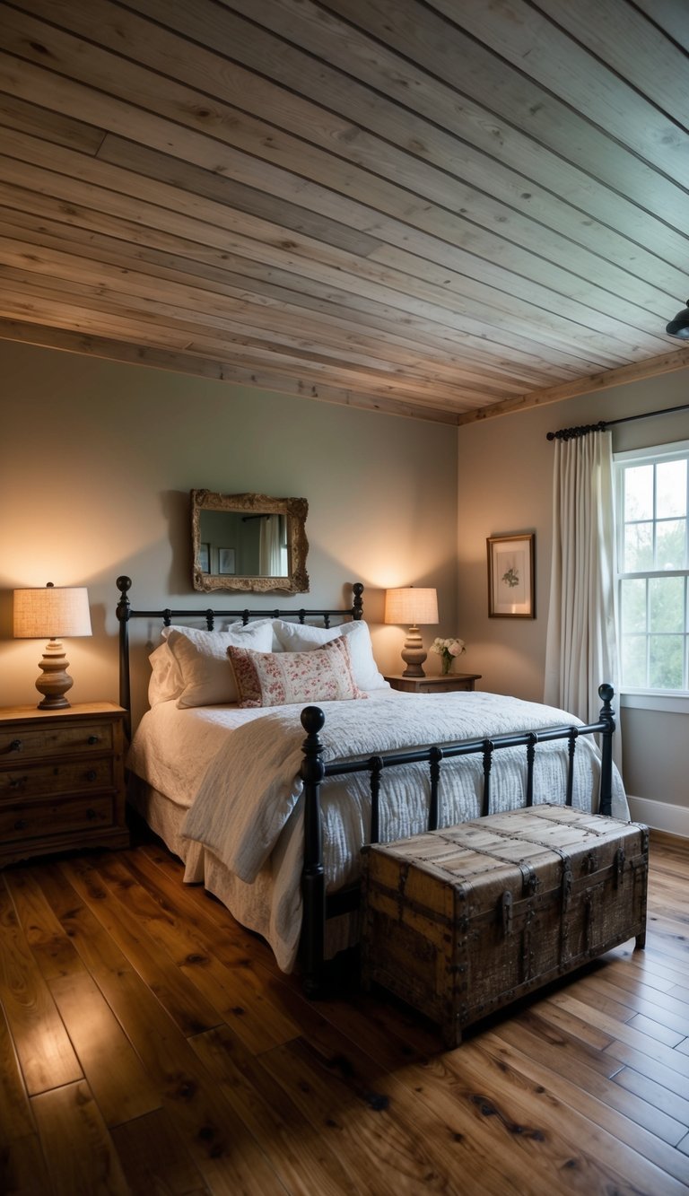 A cozy bedroom with a planked ceiling, vintage decor, and rustic furniture