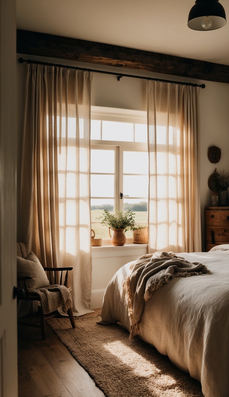 Sunlight filters through linen curtains in a cozy farmhouse bedroom, adorned with rustic and vintage decor