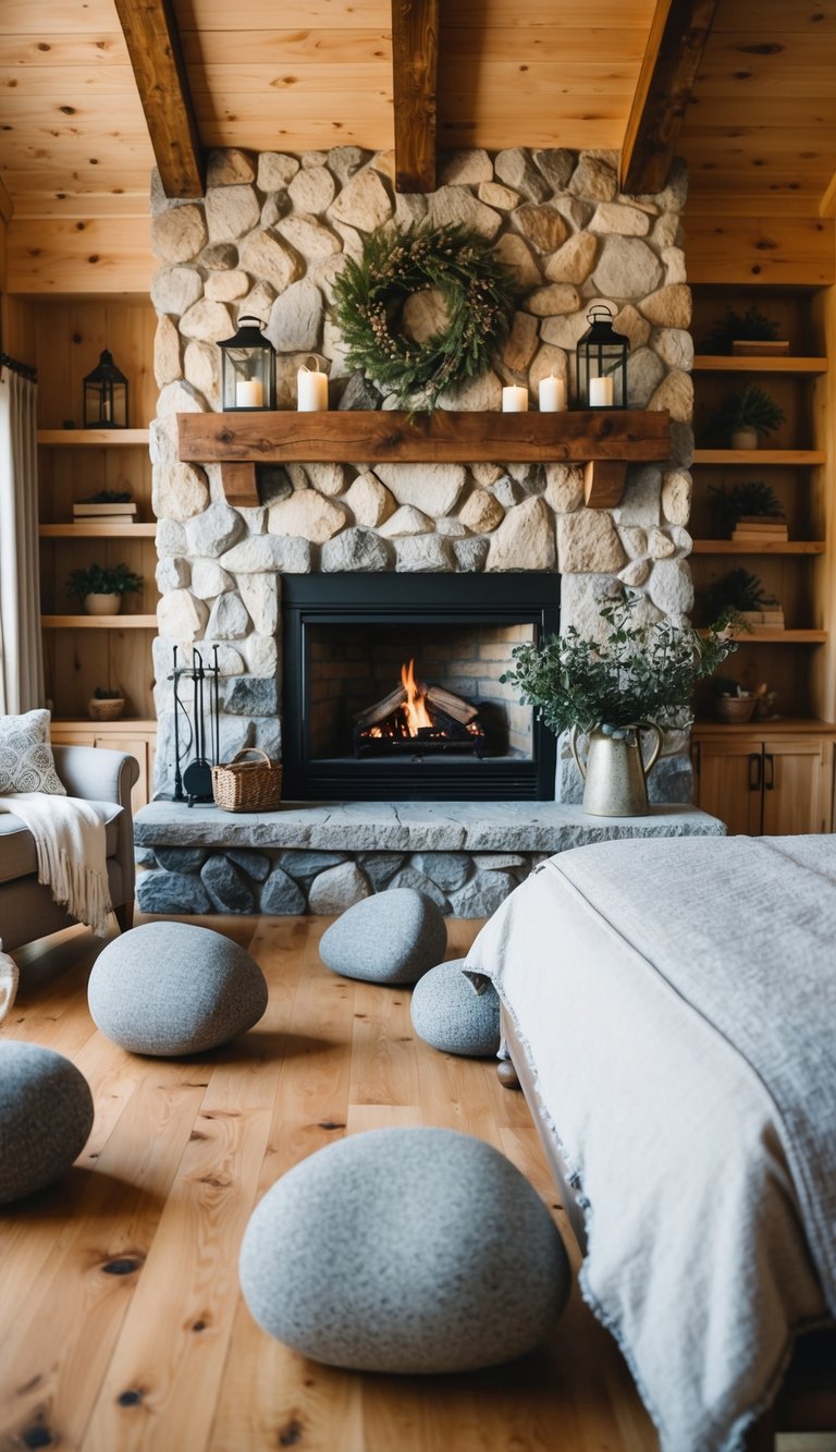 A cozy farmhouse bedroom with a stone fireplace and rounded boulders scattered around as rustic decor