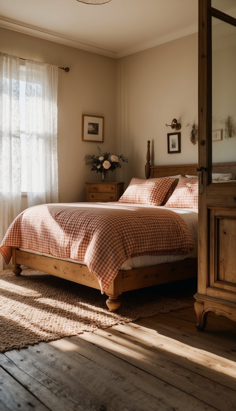 A cozy bedroom with gingham bedding, wooden furniture, and vintage decor. Sunlight streams through lace curtains onto the rustic floorboards