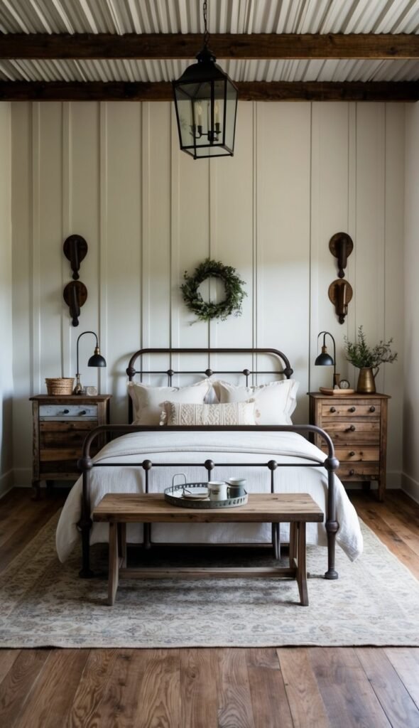 24 Rustic and Vintage Farmhouse Bedroom Ideas to Transform Your Space - Rustic Metal Accent Wall Ideas