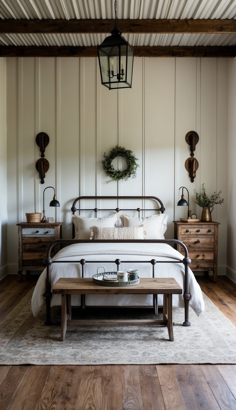 A cozy farmhouse bedroom with vintage metal bed frame, weathered wood furniture, and rustic metal accents throughout