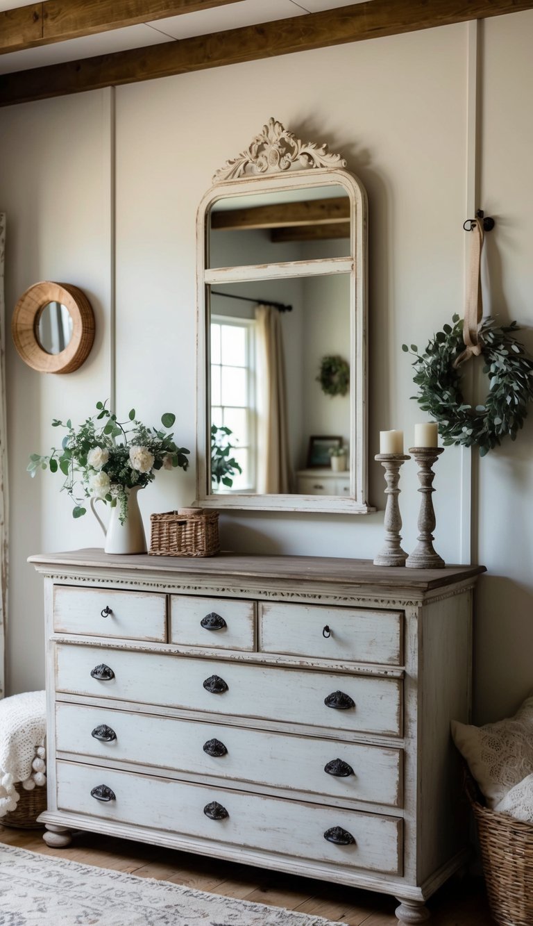 A beautiful mirror hangs above a weathered dresser in a cozy farmhouse bedroom, surrounded by rustic decor and vintage accents