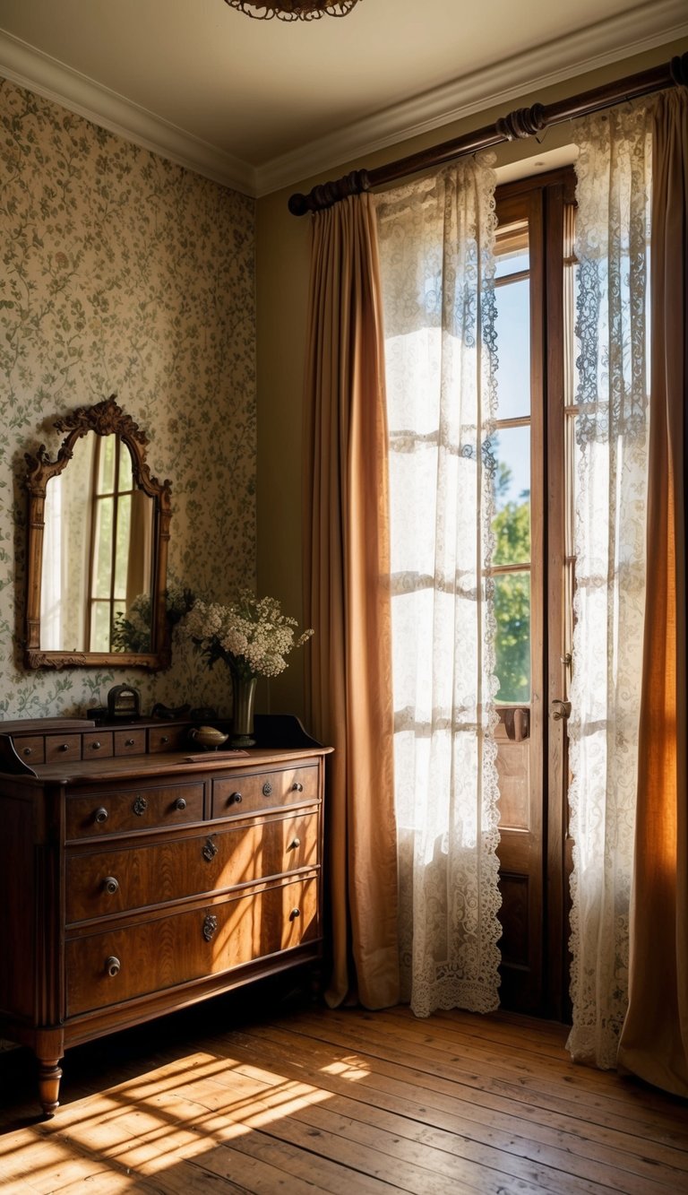 A cozy bedroom with aged wood furniture, floral wallpaper, and antique accents. Sunlight streams in through lace curtains, casting warm shadows on the worn hardwood floors