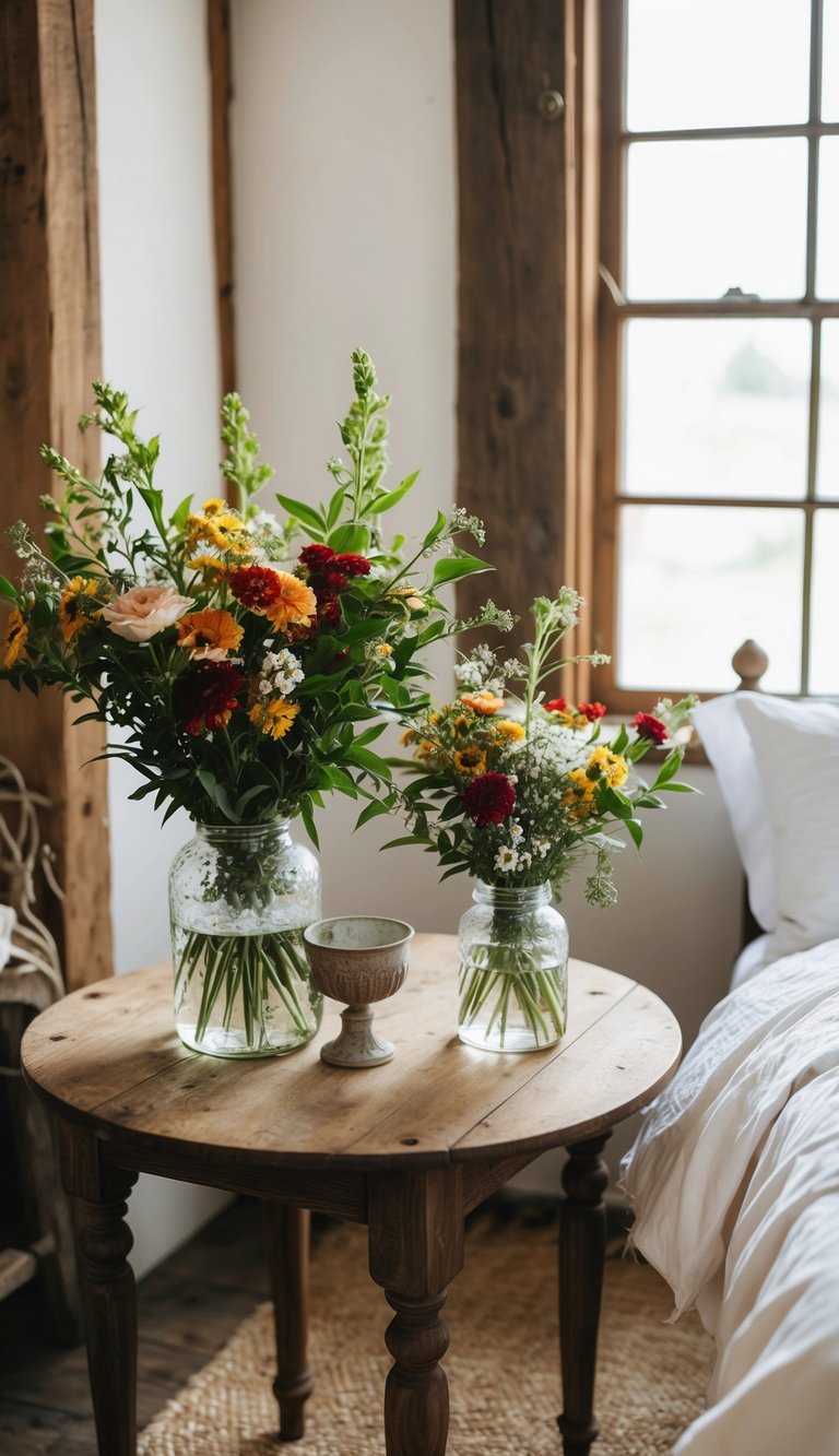 Fresh flowers adorn rustic bedroom tables in vintage farmhouse setting