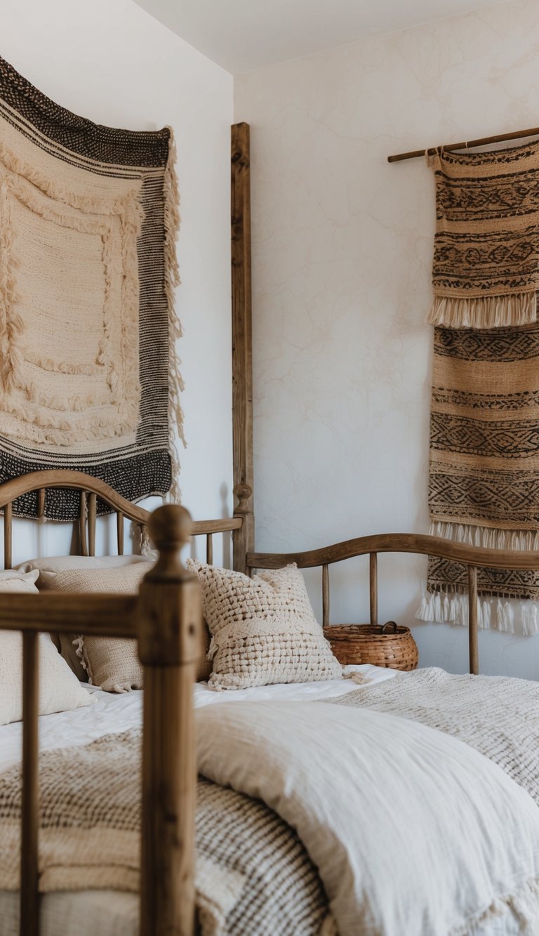 A cozy bedroom with a mix of textured fabrics, vintage furniture, and rustic decor. A weathered wood bed frame sits against a whitewashed wall adorned with woven tapestries and soft, layered bedding