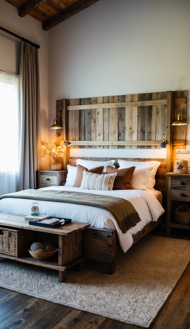 A cozy bedroom with reclaimed wood furniture, vintage decor, and rustic accents