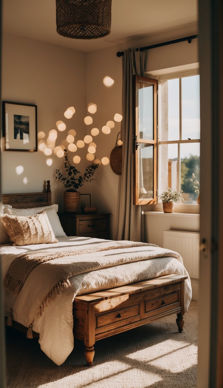 A cozy bedroom with a sunlit window, vintage wooden furniture, and rustic decor