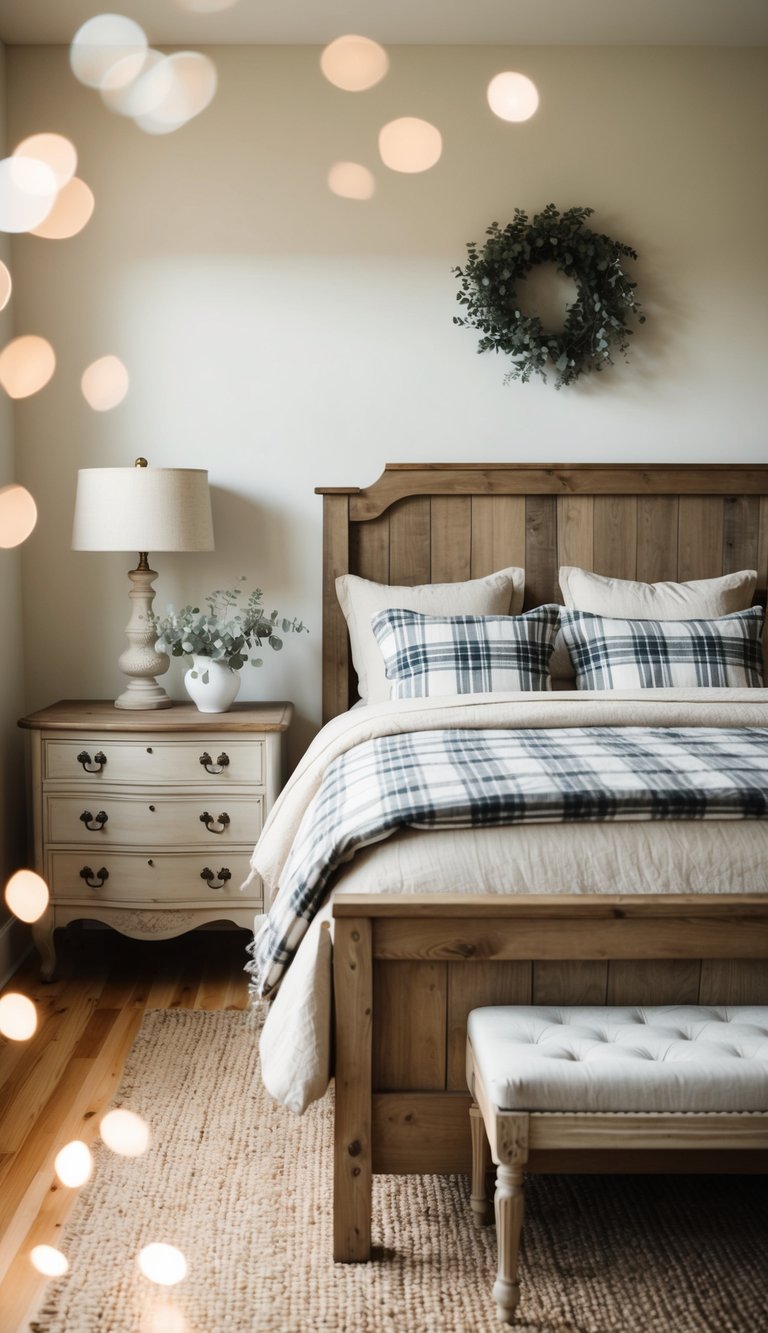 A cozy farmhouse bedroom with a rustic wooden bed, plaid bedding, vintage nightstands, and a soft, neutral color palette