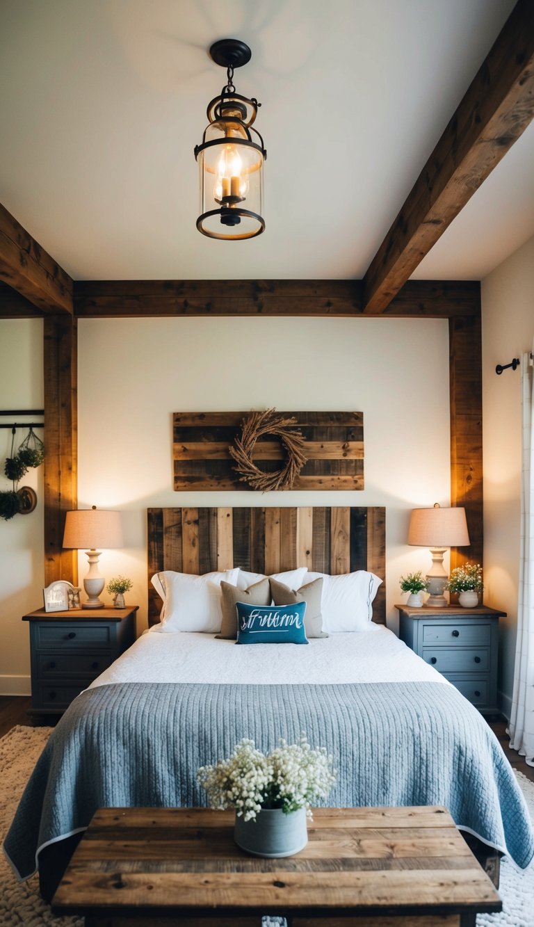 A cozy farmhouse bedroom with reclaimed wood accents, a rustic headboard, and vintage decor