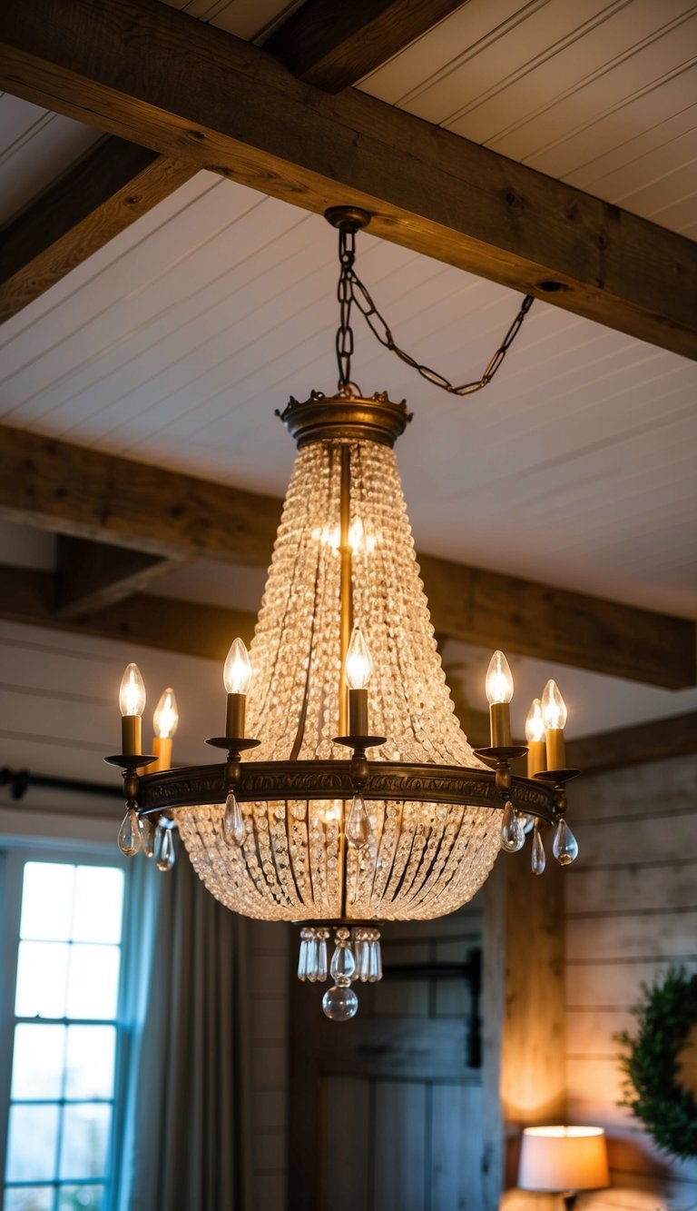 A vintage-style chandelier hangs from the ceiling in a cozy farmhouse bedroom, casting a warm, soft glow over the rustic decor