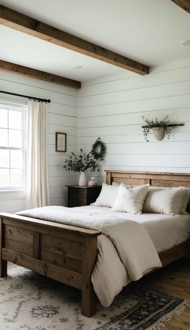 A cozy farmhouse bedroom with shiplap walls, a rustic wooden bed, and soft, neutral bedding. A vintage rug and simple decor complete the classic look