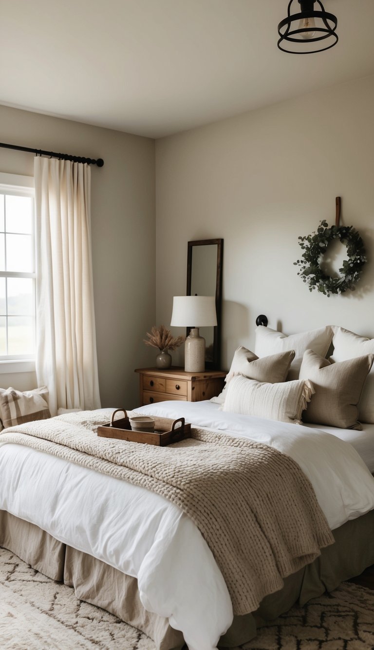 A cozy farmhouse bedroom with neutral color palettes, rustic wooden furniture, and soft, natural lighting