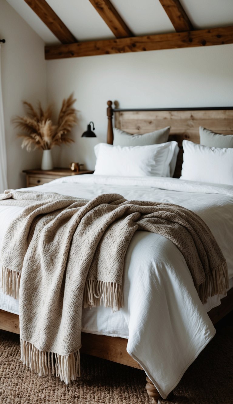 Soft blankets drape over rustic bed in cozy farmhouse bedroom