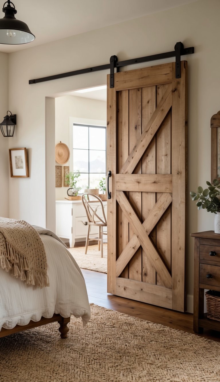 A cozy farmhouse bedroom with rustic sliding barn doors installed, featuring natural wood and vintage decor