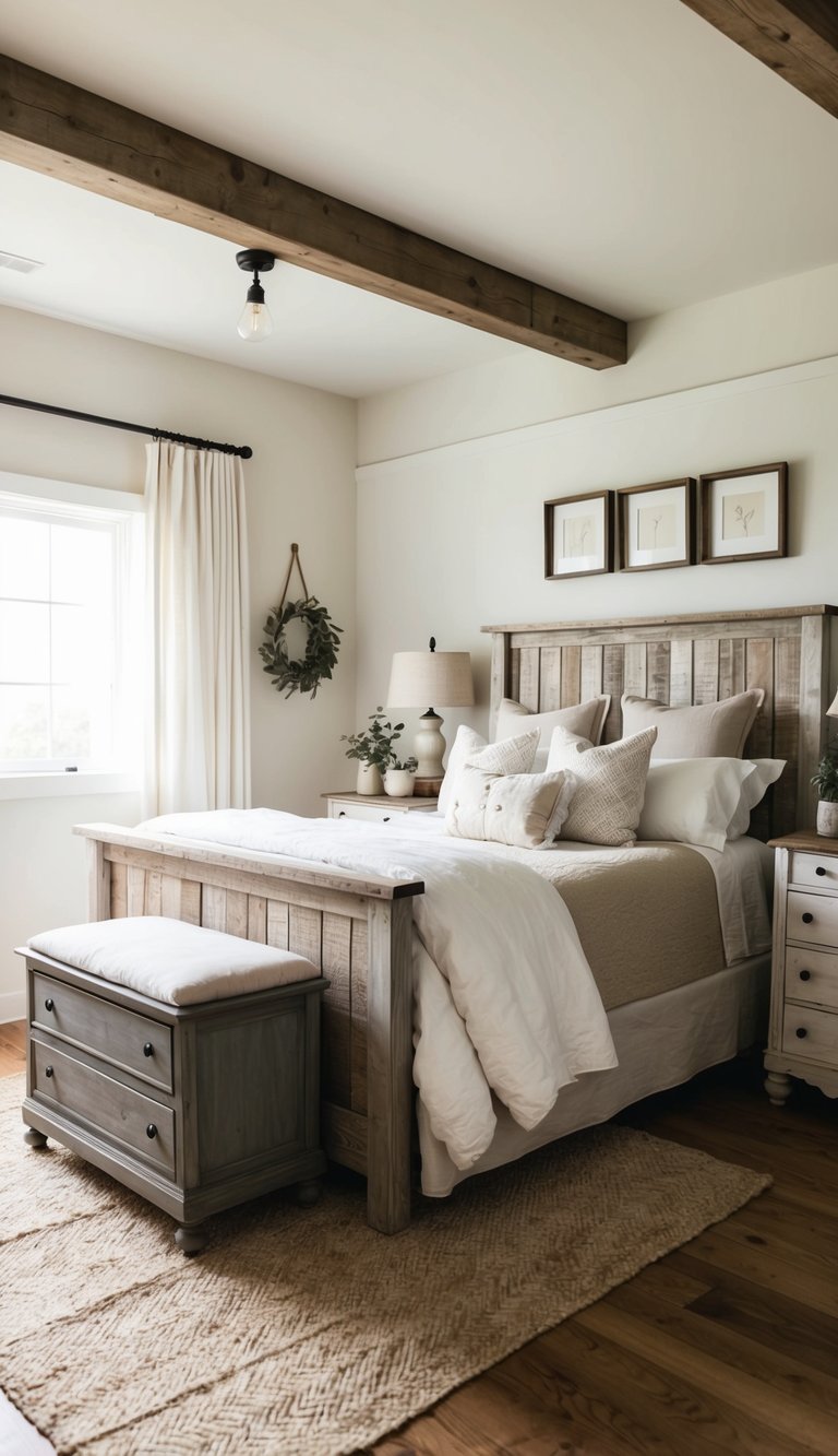 A cozy farmhouse bedroom with weathered wood furniture, including a rustic bed frame, nightstands, and a vintage dresser. The room is decorated with neutral colors and soft textiles for a warm and inviting atmosphere