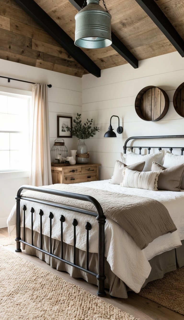 A cozy farmhouse bedroom with galvanized metal accents: a bed frame, light fixtures, and decor. Rustic wood furniture and neutral tones complete the look